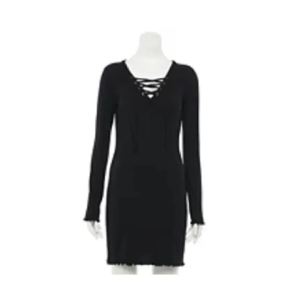 SO XS dress black lace up fitted body con long sleeve casual